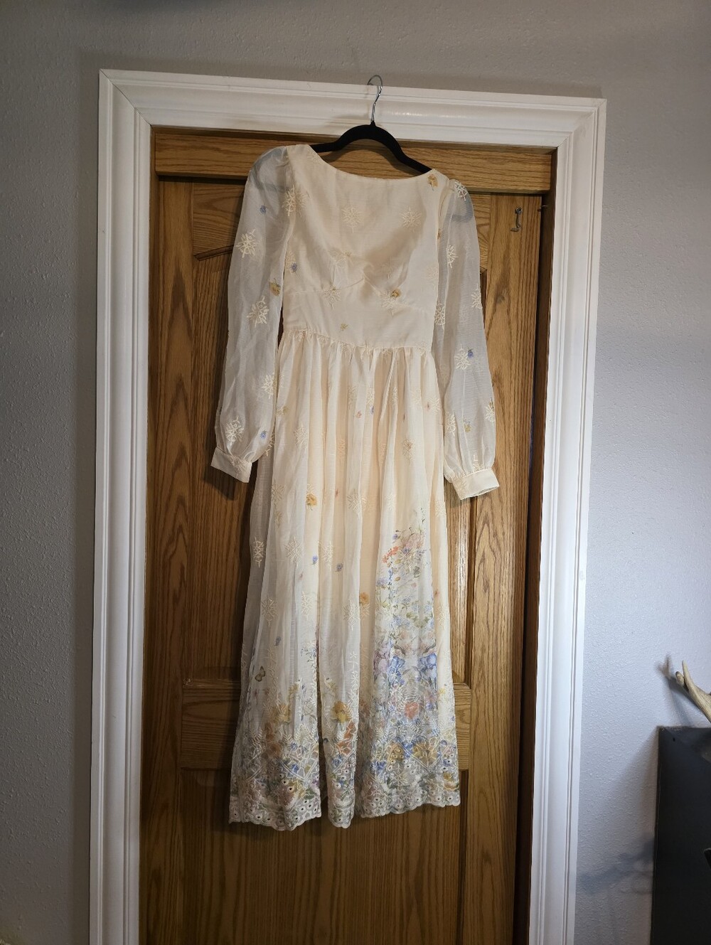 Cottagecore Cream Floral Embroidered Lace Long-Sleeve Maxi Dress - Picture 3 of 11